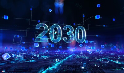 2030 - businessman working and touching with augmented virtual reality at night office. Dynamic digital background