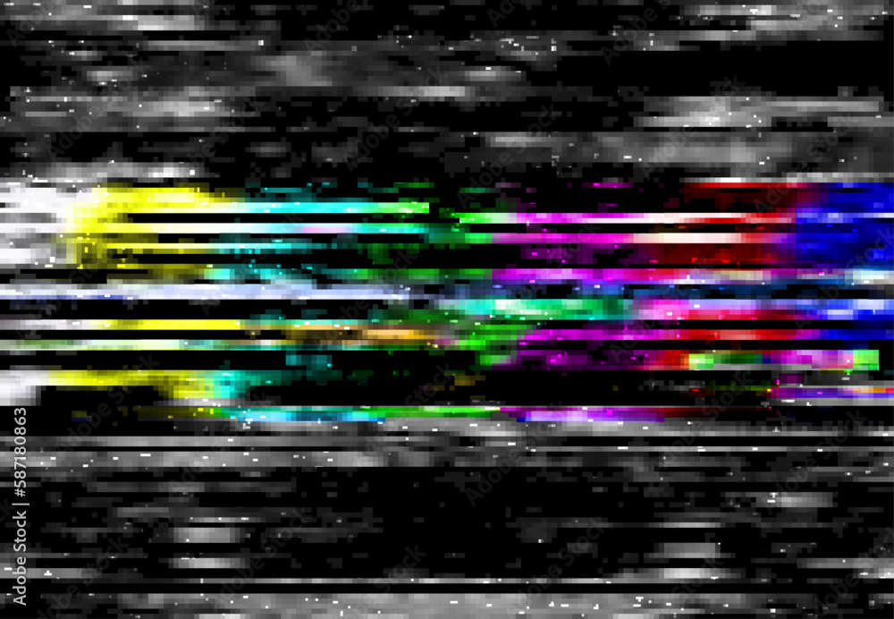 Poster Glitch digital color distortion, lines and pixel noise. Vector VHS background of rewind effect, tv signal error, television and video crash patterns, glitch texture abstract backdrop design