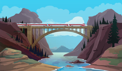 Railroad bridge with train over mountain river vector background. Mountain nature landscape with arch bridge, rock hills and trees, blue sky and cloud, train travel, rail transport, vacation adventure
