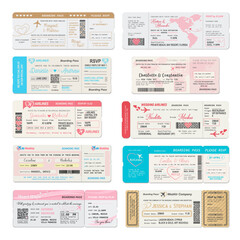 Boarding pass ticket of wedding invitation vector templates. Airline plane tickets and flight cards with airplanes, hearts, world map and RSVP coupons, air travel, marriage and wedding party design - obrazy, fototapety, plakaty