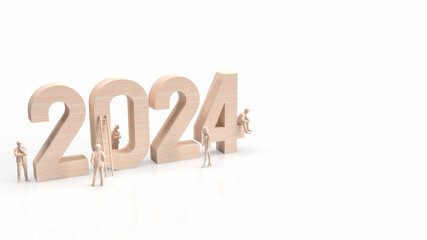 The wood 2024 number and business man on white background  3d rendering
