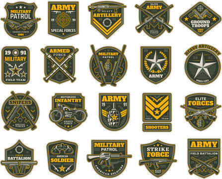 Military and army patches or icons, vector chevrons for sniper, shooter, motorized infantry and elite forces. Field battalion, shooters and military patrol, isolated army insignia with weapon set