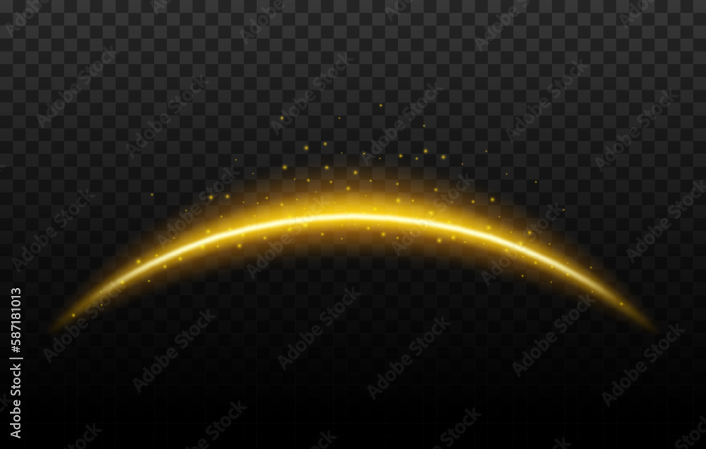Poster magic arc, vector light effect of shining beam or shooting star abstract curve with sparkles. 3d cur
