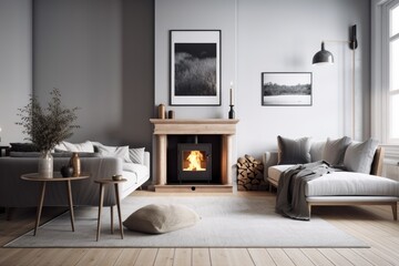Classic gray Scandinavian decor with a couch, stove, and fireplace. mock up for an illustration. Generative AI