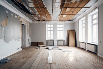 Unoccupied room with white walls, a wooden ceiling, parquet flooring, and scraps of gray striped wallpaper with copy space. household chores. Generative AI