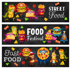 Cartoon fast food superhero characters. Street restaurant meals, takeaway food vector horizontal banner with burrito, hamburger, taco and french fries, pizza, chicken leg and coffee funny personages