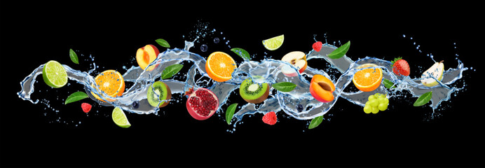 Water wave splash with fruits, background for fruit juice drink, realistic vector. Orange, apple, strawberry and raspberry berry with grape and lime fruits in splash of fresh water wave in pour flow
