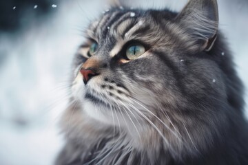 Naklejka na ściany i meble close up of a lovely gray street cat against a snowy backdrop. Generative AI