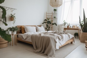 Fototapeta na wymiar Minimalist bedpost with knit blanket in bright bedroom with plants and carpeting. Real picture. Generative AI