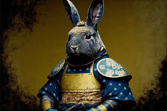 Rabbit samurai portrait in traditional vintage photography style. Japanese retro illustration with hare warrior in kimono. Generated AI.