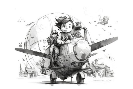 boy riding on the back of a plane in the sky. Generative AI