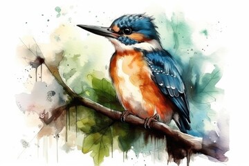 colorful bird perched on a tree branch in a natural setting. Generative AI