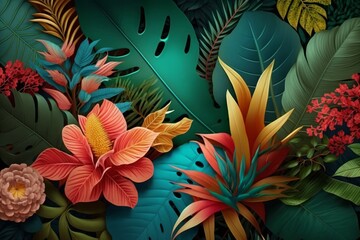 Tropical leaves background. Generative AI illustration.