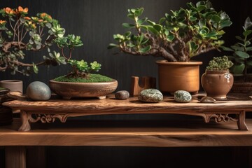 Antique wooden table shelf with pebble and potted bloom bonsai, green flowers, over boho wooden living room, zen clean architectural concept idea,. Generative AI
