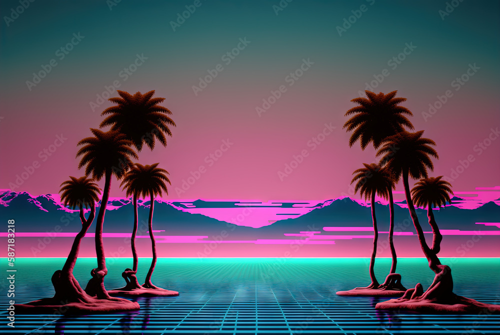 Poster landscape with palm trees and clouds in vaporwave style. generated ai.
