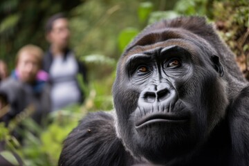 A gorilla stares inquisitively at a swarm of people. Generative AI