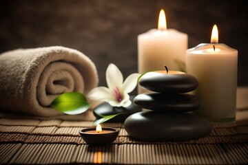 Obraz na płótnie Canvas Spa massage concept. Ai. Stones with candles on bamboo mat