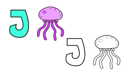 Cartoon Jellyfish and letter J coloring book vector illustration for children