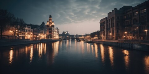 Obraz na płótnie Canvas City Lights Reflecting on the River, generative ai