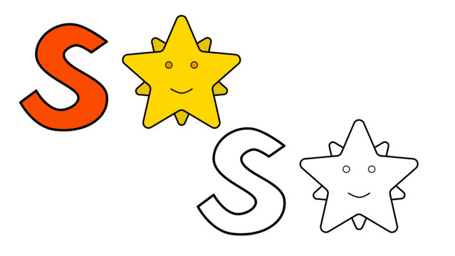 Cartoon star and letter S coloring book vector illustration for children