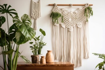 Macrame wall hanging with wooden stick on white wall. Feminine hobby. Green interior knitting decorating. Copies. Generative AI