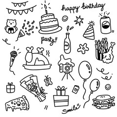 Birthday party icon set with free hand drawing in black and white color