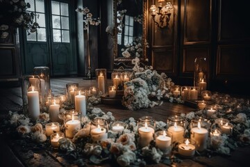 Vintage candle wedding. White flowers and foliage embellish wedding arch. Wedding day. Generative AI