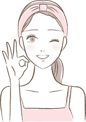 スキンケア・洗顔後にOKポーズをする若い女性のイラスト