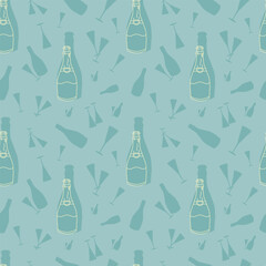 Seamless pattern with doodle champagne bottle with champagne bottle and glasses silhouettes in the background. Doodle liquor bottle, silhouettes of liquor glasses and bottle in seamless pattern.