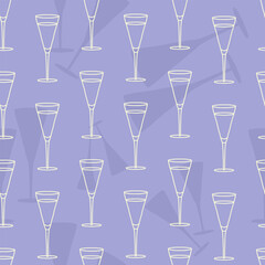 Seamless pattern with doodle champagne glass and champagne glasses silhouettes in the background. Doodle liquor glass, silhouettes of liquor glasses in seamless pattern.