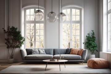 Nice contemporary room interior. Vibrant, clean design. A wall backed sofa near a wide window. Generative AI