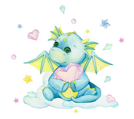 A cute dragon, blue in color, holds a crystal heart and sits on a cloud. Fabulous watercolor clipart, in cartoon style.