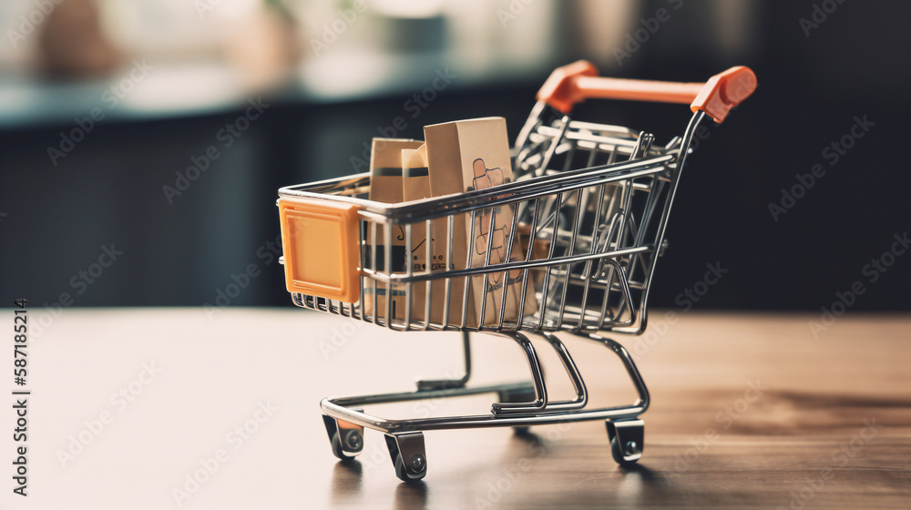 Poster shopping online, product package boxes and shopping bag in cart with which web store shop and delive
