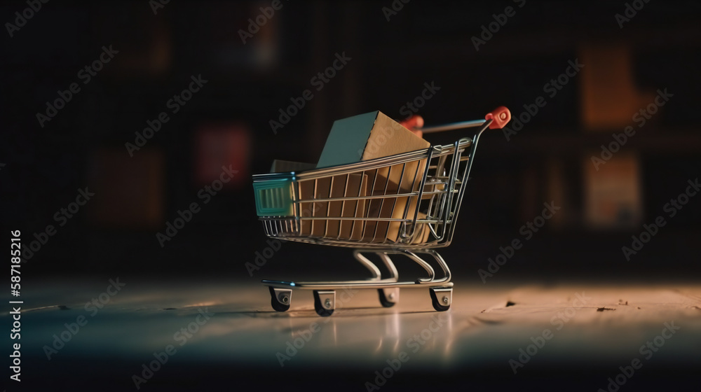Poster shopping online, product package boxes and shopping bag in cart with which web store shop and delive