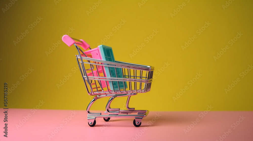 Poster shopping online, product package boxes and shopping bag in cart with which web store shop and delive
