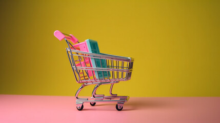 Shopping online, Product package boxes and shopping bag in cart with which web store shop and delivery online. cardboard box with a shopping cart. Shopping service on The web. offers home delivery..