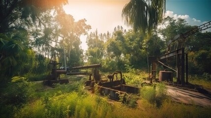 Oil rig in tropical forest. Palm trees and oil pumps. Generative AI