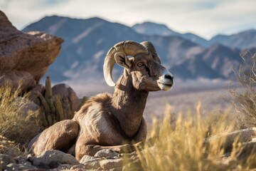 A Bighorn Sheep keeps guard over his present grazing area. Generative AI - obrazy, fototapety, plakaty