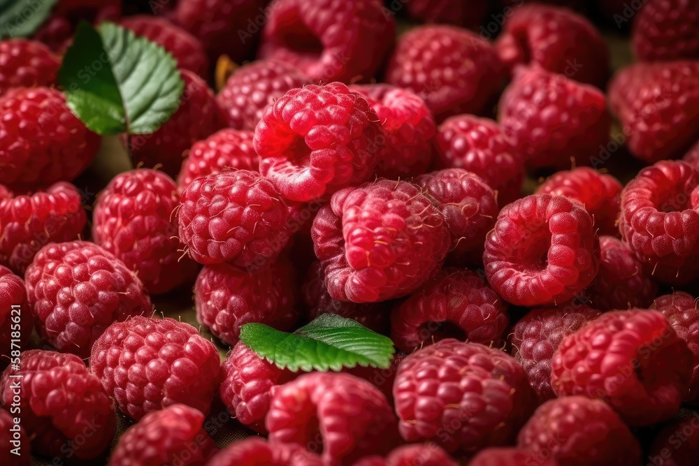 Poster fresh pile of raspberries with a green leaf on top. Generative AI