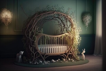 A Crib With A Nature Inspired Room. Generative AI