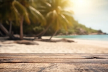 Fototapeta premium Empty wood table in front of blue sky on summer sea with palm leaf blurred bokeh background concept image for product Generative AI