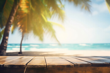Empty wood table in front of blue sky on summer sea with palm leaf blurred bokeh background concept image for product Generative AI
