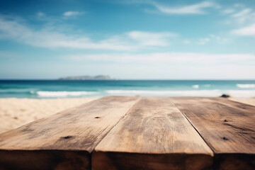Empty wood table in front of blue sky on summer sea with palm leaf blurred bokeh background concept image for product Generative AI