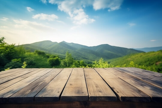 Empty wood table in front of green mountain and blue sky at summer blurred background concept image for product Generative AI