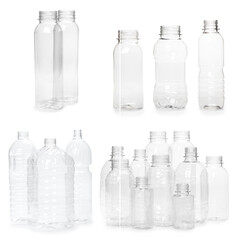 selection of quality photo collage of many different empty plastic bottles isolated on white background. production of new containers