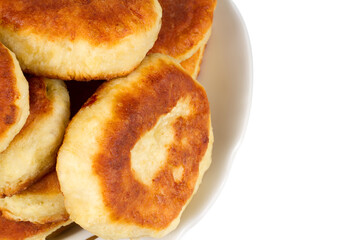 Fritters close-up on a white background. Homemade baking.