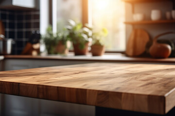 Empty wood table in front in kitchen room blurred background concept image for product Generative AI