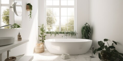 Naklejka na ściany i meble Clean and Bright: A White Bathroom with a Zen Vibe, generative ai