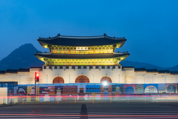 Gwanghwamun gate of Gyeongbokgung palace near Gwanghwamun square during winter night at Jongno-gu , Seoul South Korea : 7 February 2023