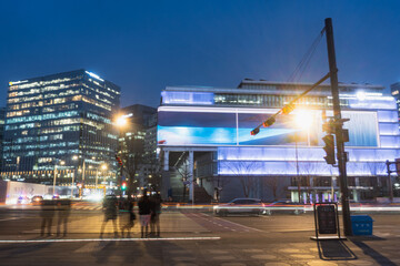 Beautiful city and nightscape around Gwanghwamun square during winter night at Jongno-gu , Seoul...
